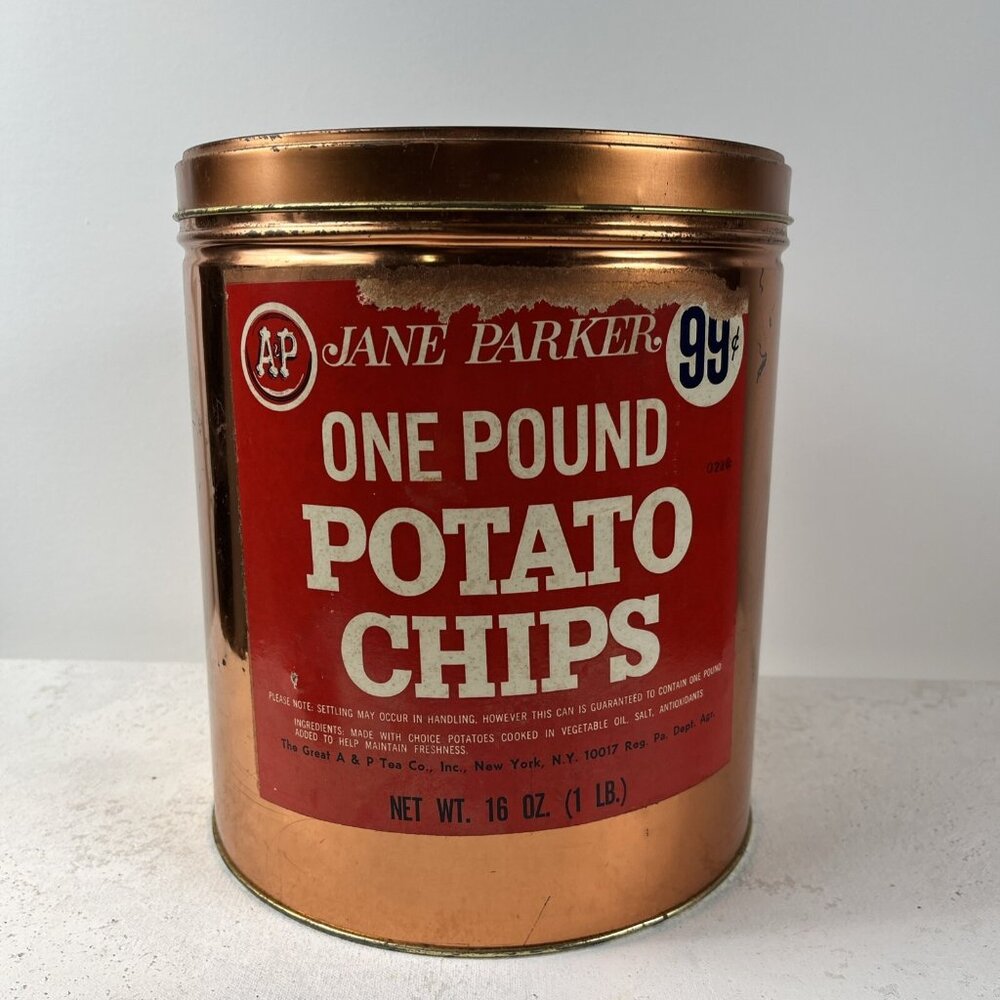 Vintage Jane Parker Potato Chips 1 LB A&P‎ Paper Label Red Advertising Tin Can